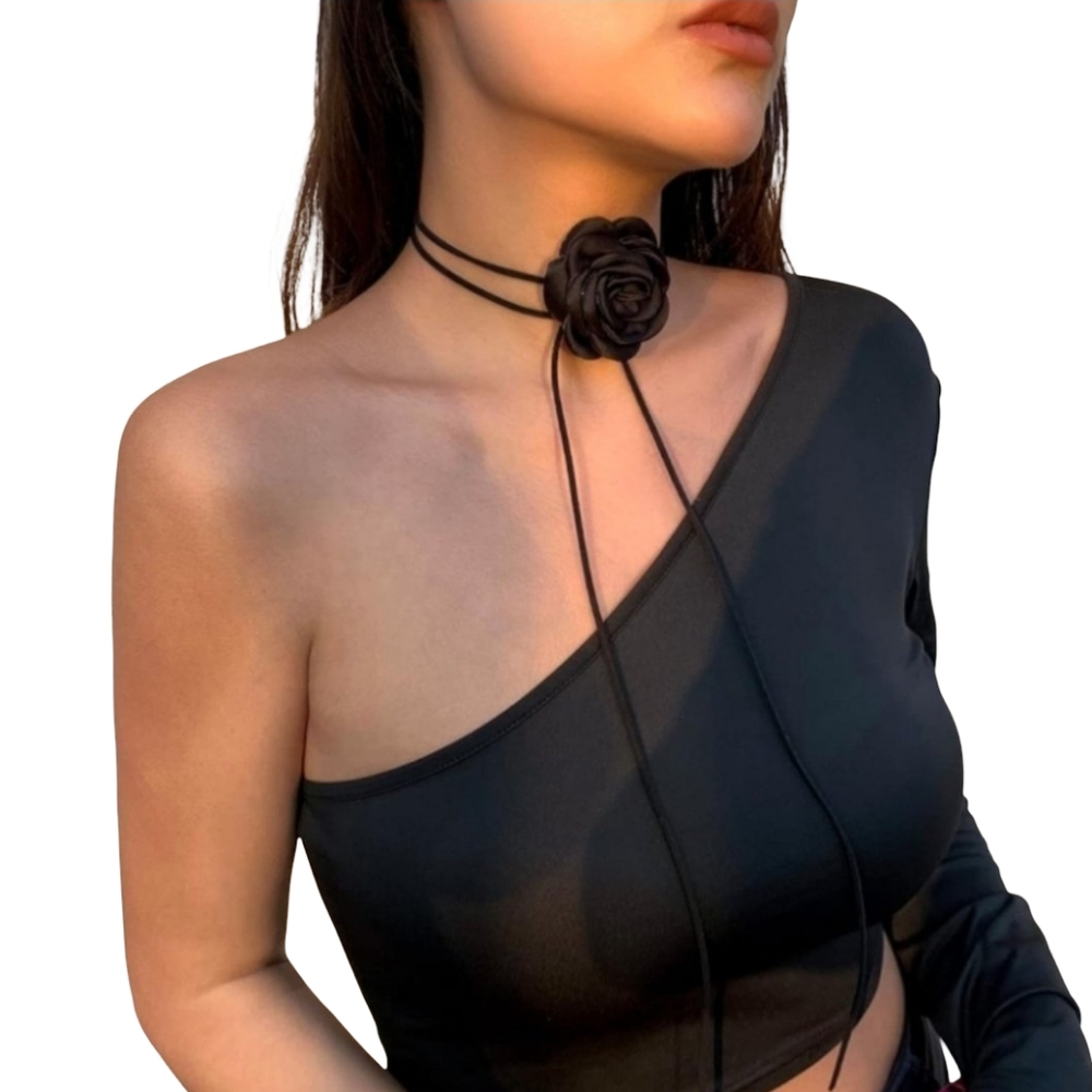 Black Rose Flower Long Wrap Choker Goth Glam Necklace Belt Purse Gothic Hair Tie